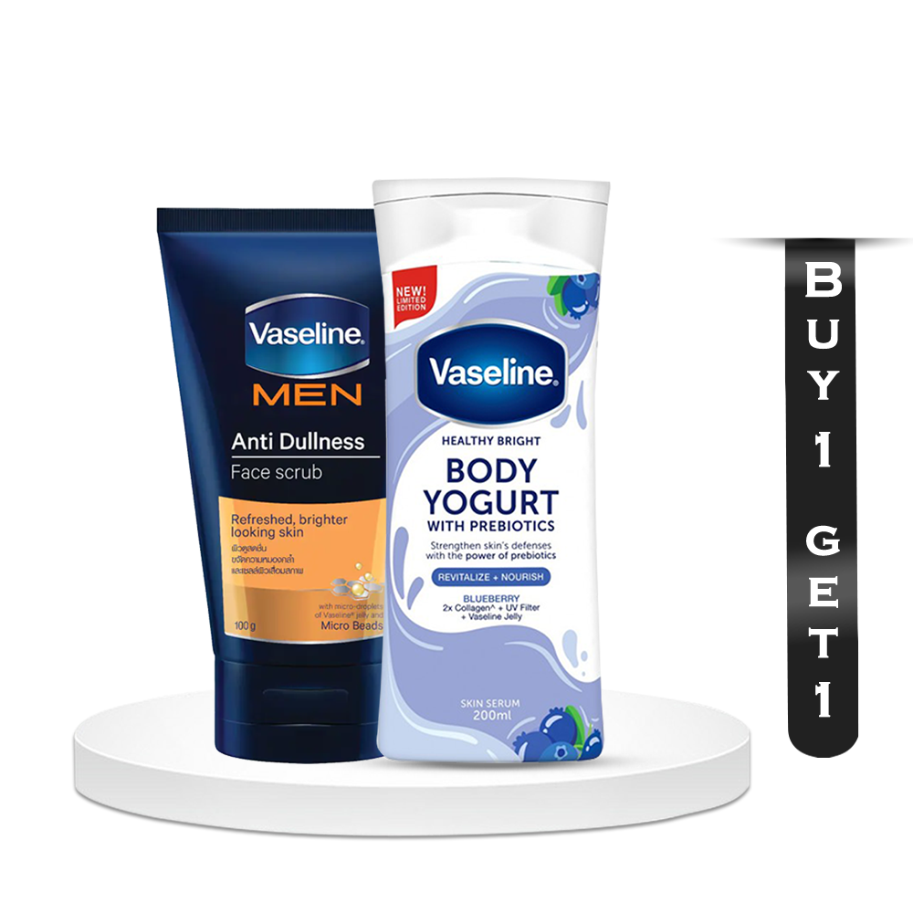 Buy Vaseline Anti Dullness Scrub Face Wash for Men - 100gm and Get Vaseline Healthy Bright Blueberry Body Yogurt Lotion - 200ml Free