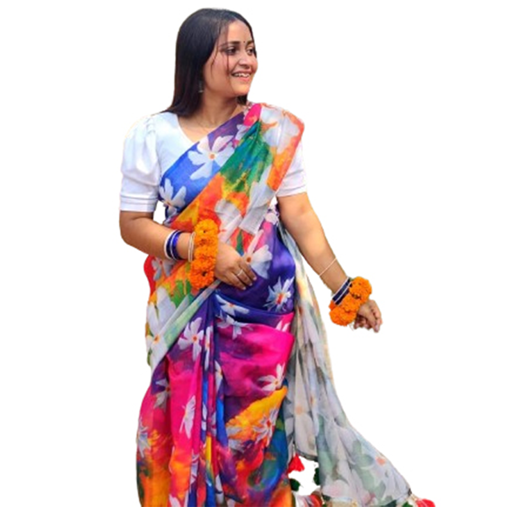 Chanderi Silk Digital Print Saree For Women - Multicolor - SB-N38