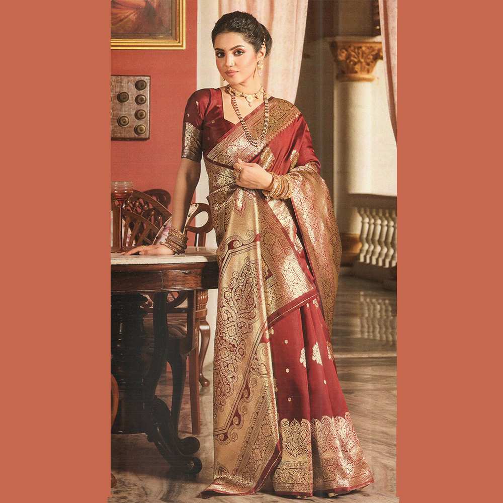 Gujrati Silk Handloom Saree For Women with Blouse Pieces - Red Wine - A634 A