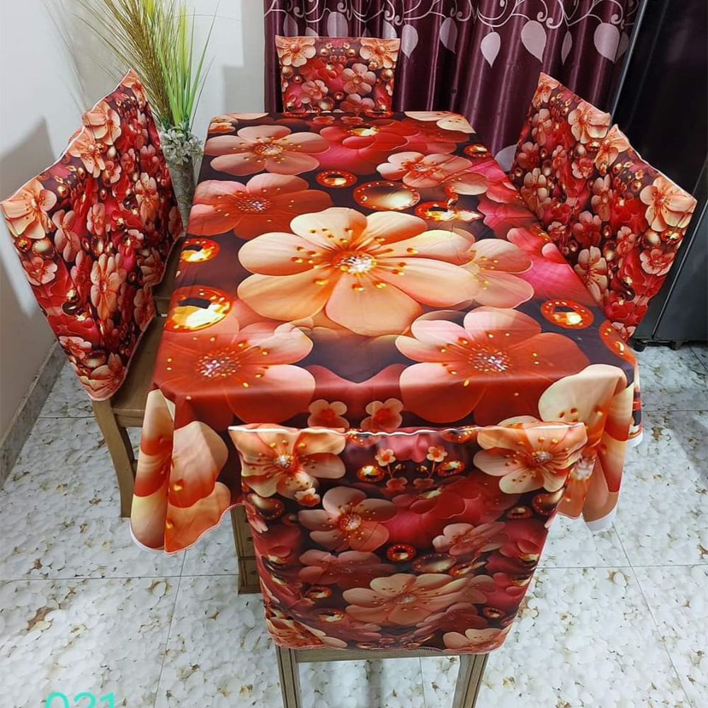 Korean Velvet 3D Print Premium Dining Table Cloth and Chair Cover Set 7 in 1 - TC-128