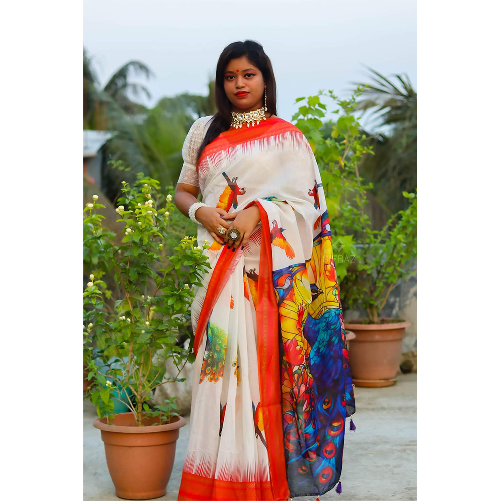 Half Silk Digital Print Saree For Women - Multicolor - NH-105