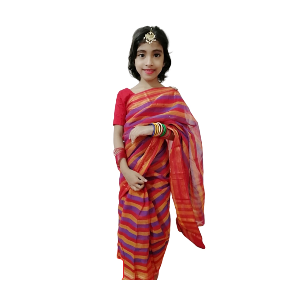 Cotton Tangail Saree for Baby Girls - Red - HT-03