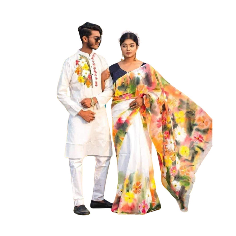 Cotton Silk Saree and Dhupian Cotton Panjabi Couple Dress - White & Multicolor - SC84