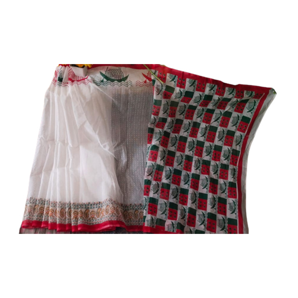 Half Silk Block Printed Saree For Women - White and Red - SP-135