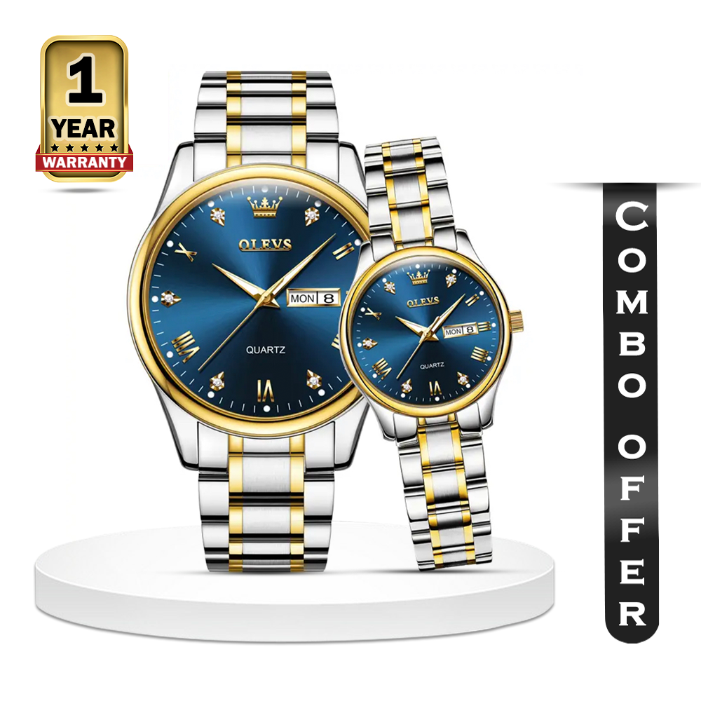 Olevs 5563 Stainless Steel Analog Wrist Watch For Couple - Gold Silver And Blue