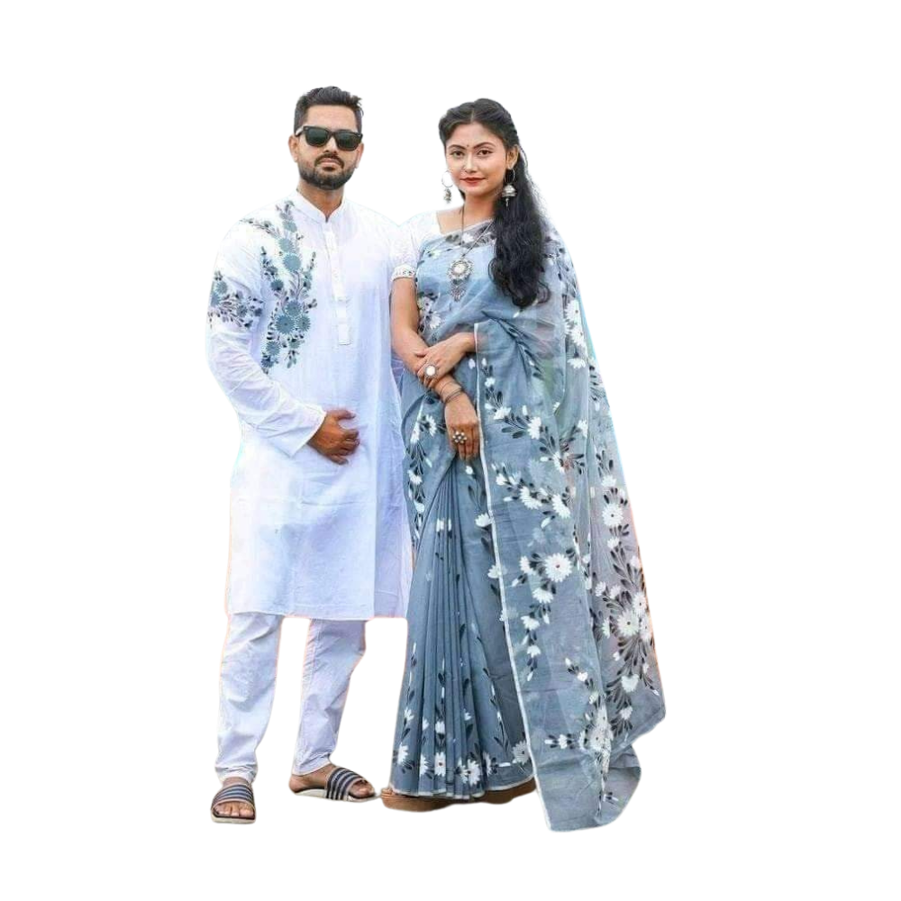 Cotton Silk Saree and Dhupian Cotton Punjabi Couple Dress - Grey Blue & White - SC44