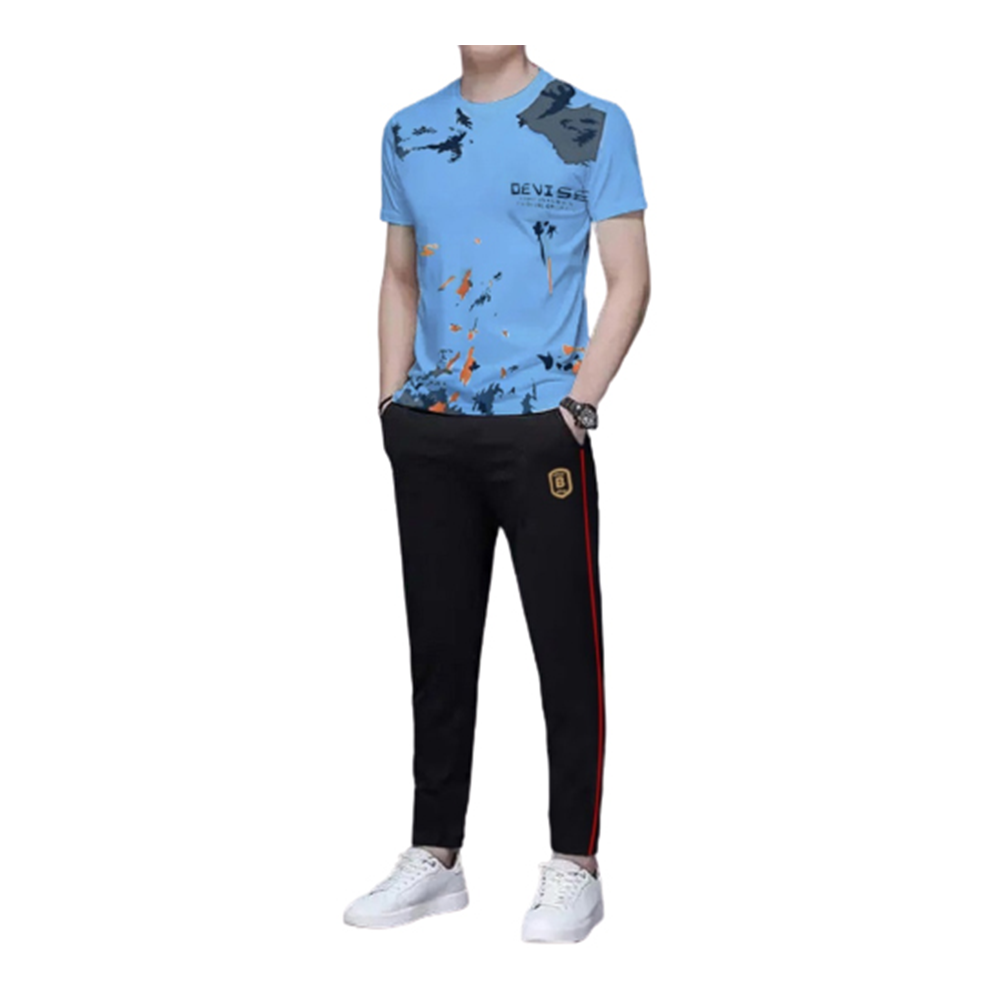 PP Jersey T-Shirt With Trouser Full Track Suit - Sky Blue and Black - TF-10