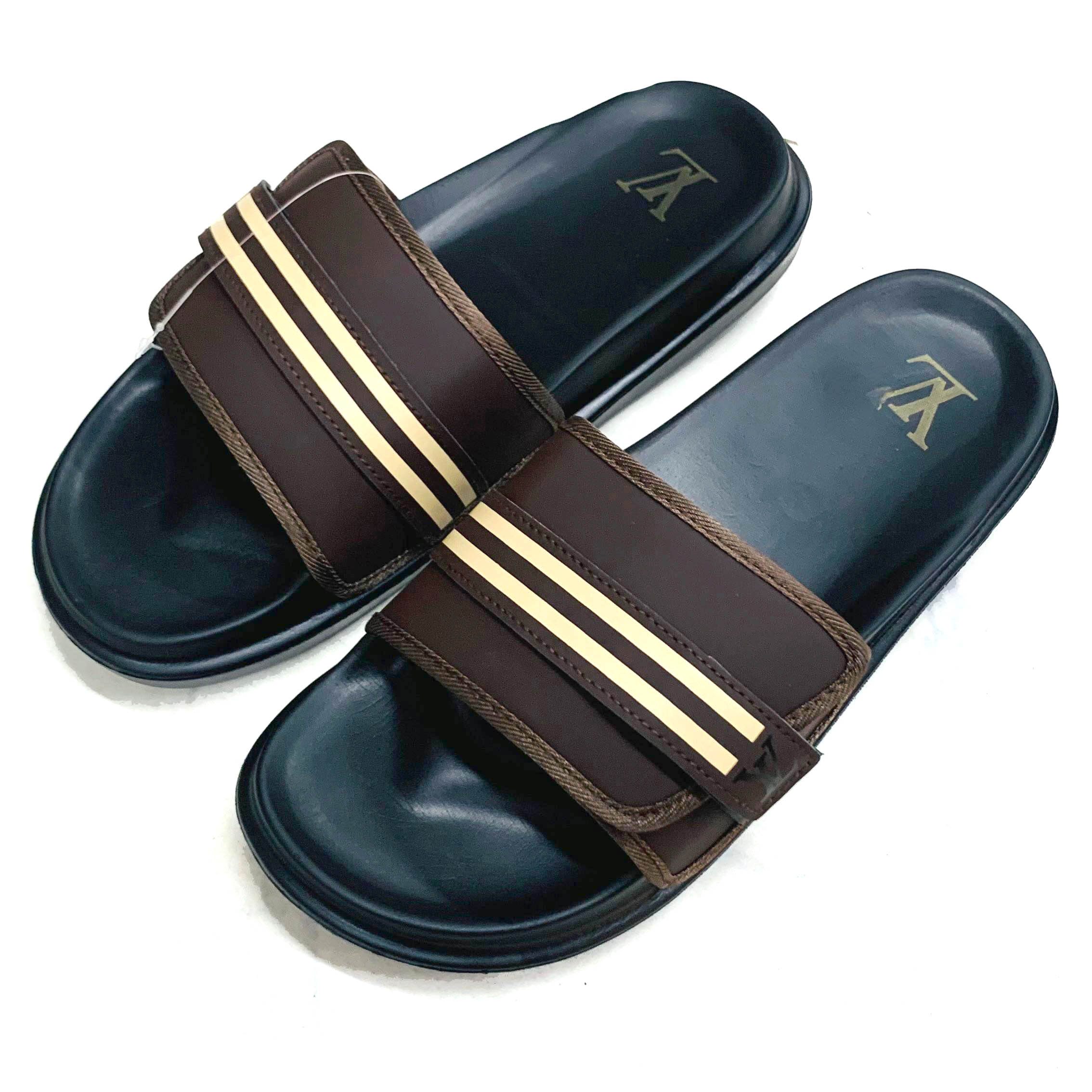 LV PU Leather Slide Slipper For Men - Coffee - SL 719
