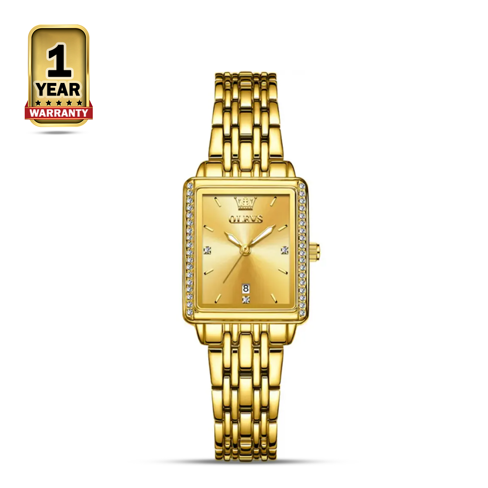 OLEVS 9995 Luxury Diamond Square Quartz Watch For Women - Golden