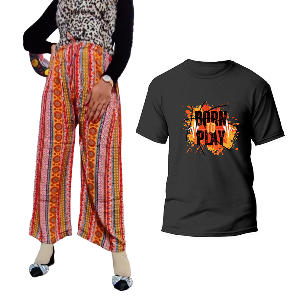 Soft Linen Print Palazzo Pants with T-Shirt for Women - Multicolor - 04