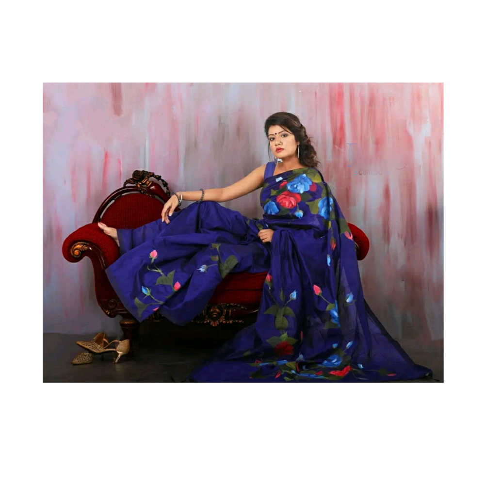 Hand Printed Half Silk Saree For Women - Multicolor - BAN136