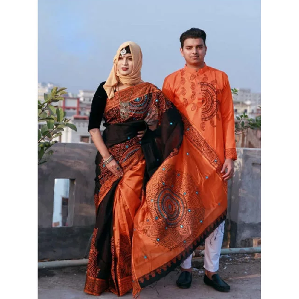 Half Silk Block Print Saree and Dhupian Cotton Panjabi Couple Set - Black And Orange - 357