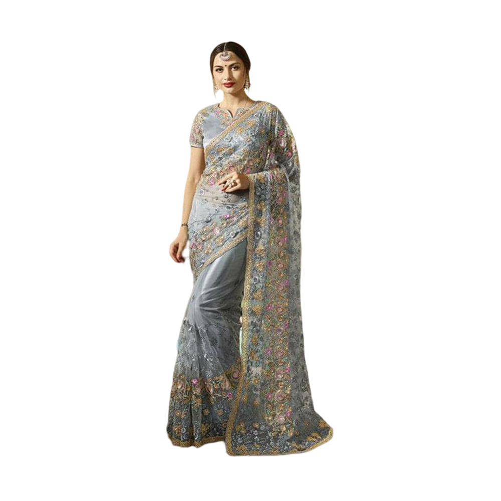 Embroidery Work Weightless Georgette Saree With Blouse For Women - Ash