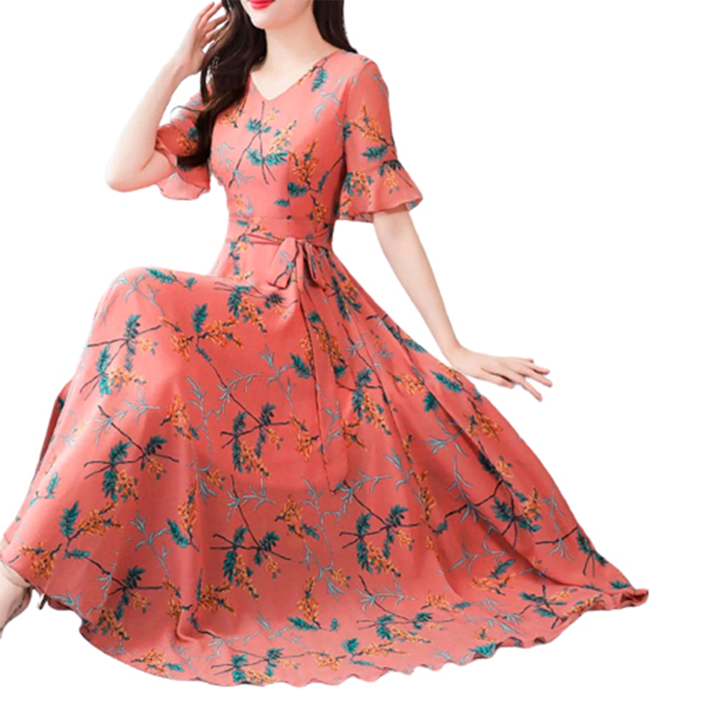 China Linen Printed Long Gown For Women - Coral - GL-04
