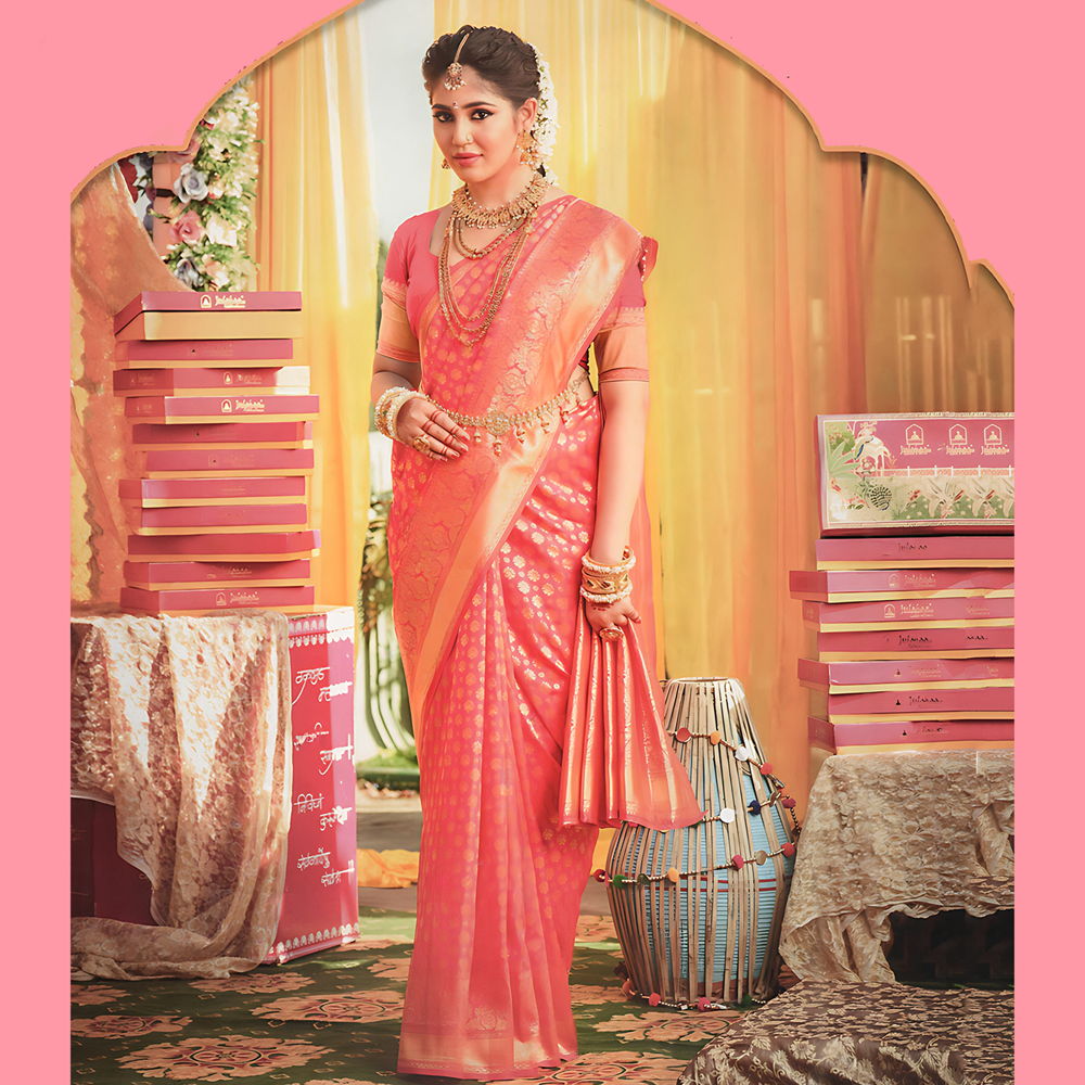 Gujrati Katan Handloom Saree For Women with Blouse Pieces - Baby Pink - A627 A