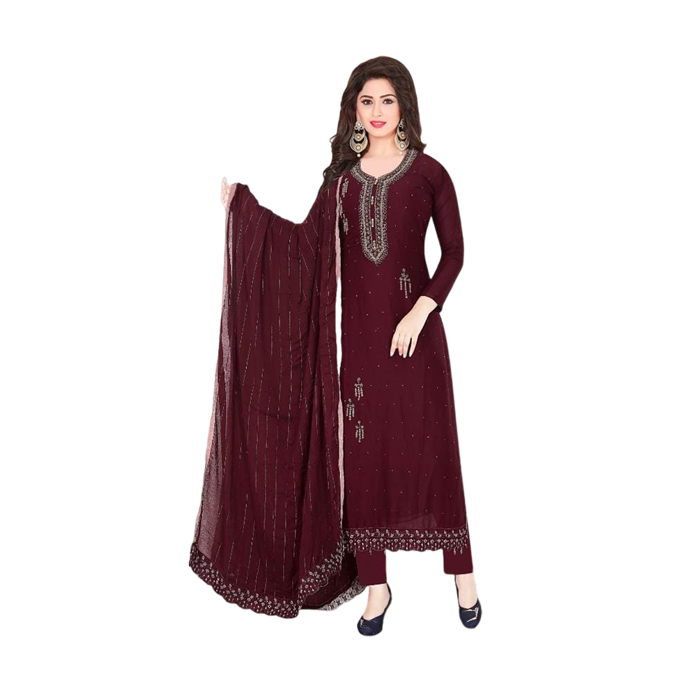 Unstitched Karchupi Embroidery Cotton Salwar Kameez For Women - Maroon - 2628-01