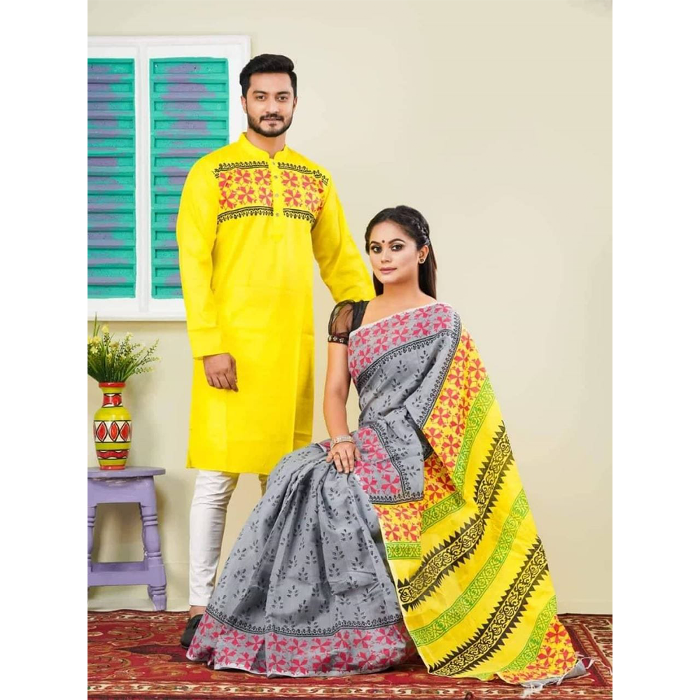 Half Silk Block Print Saree and Dupiyan Cotton Panjabi Couple Set - Yellow - 112