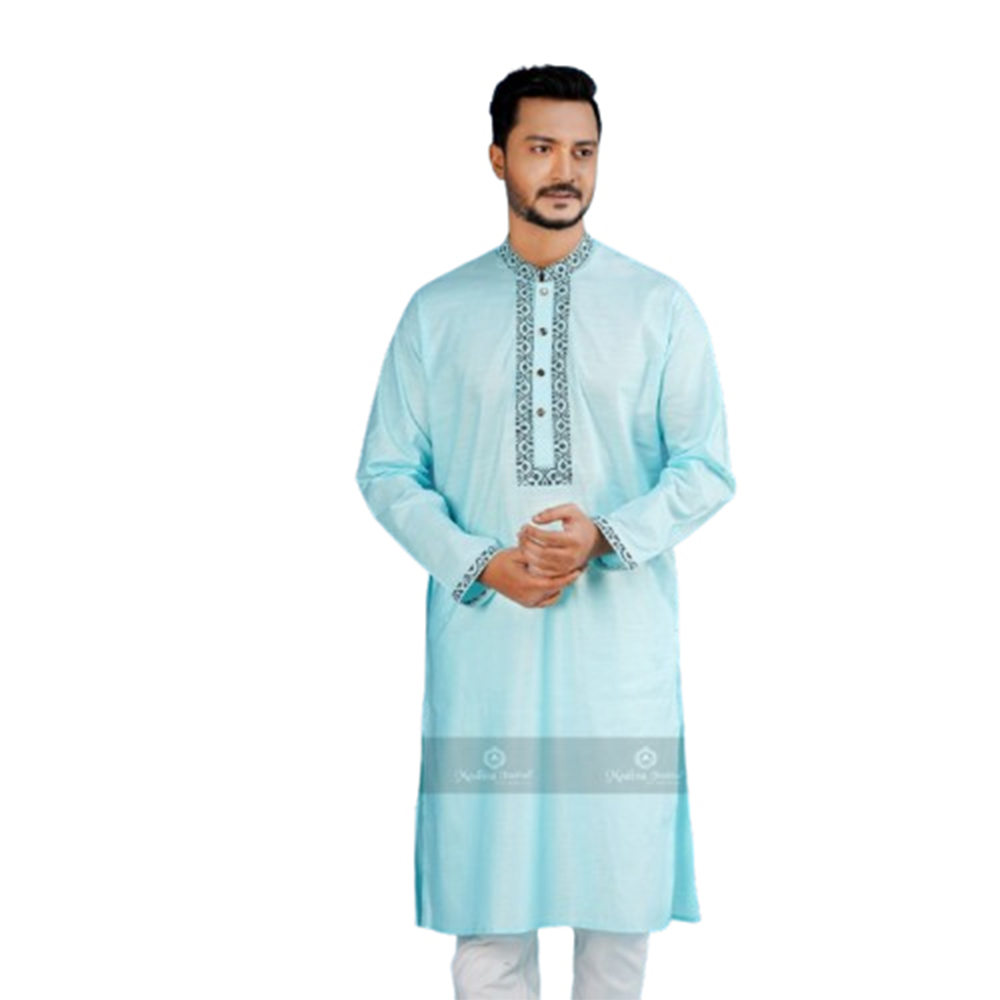 Cotton Embroidery Semi Long Panjabi For Men - Light Blue - PM-36