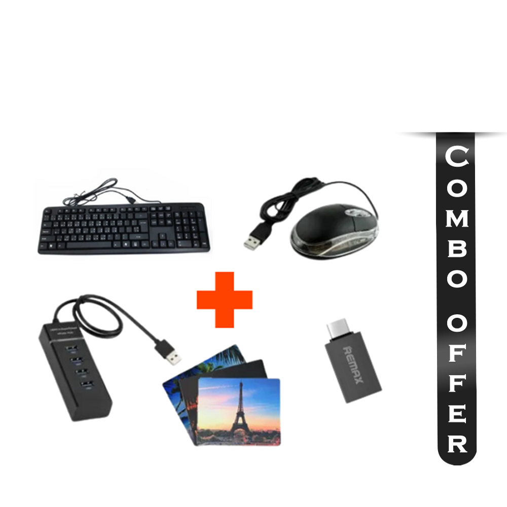 Combo Offer Of Computer Keyboard + Mouse + USB Hub + Type C OTG + Mousepad - Black