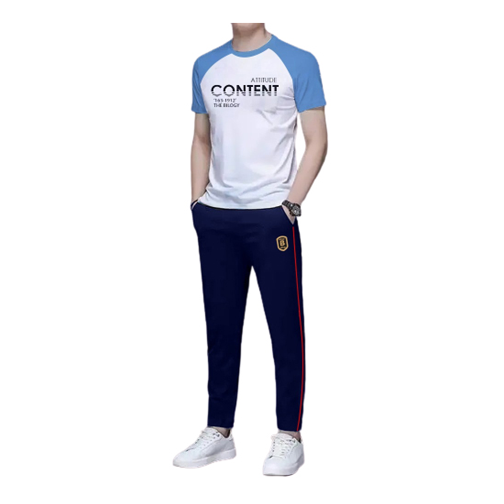PP Jersey T-Shirt With Trouser Full Track Suit - White and Navy Blue - TF-07