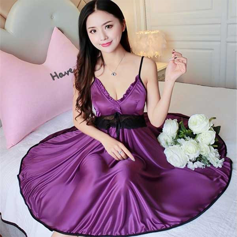 Silk Satin Sleepwear Night Dress With Panty - Purple - ND-47