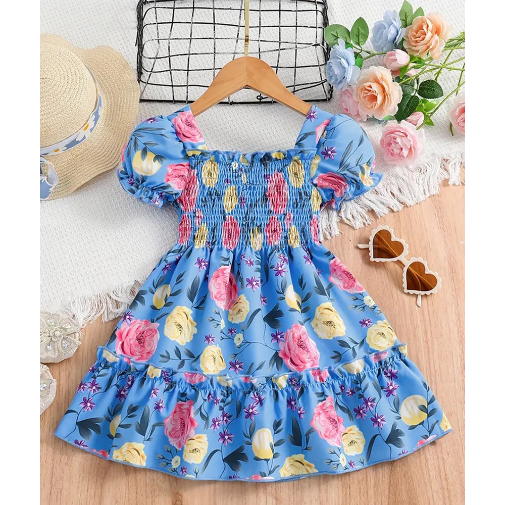 Linen 3D Printed Baby dress for Girls - Blue - BD-61