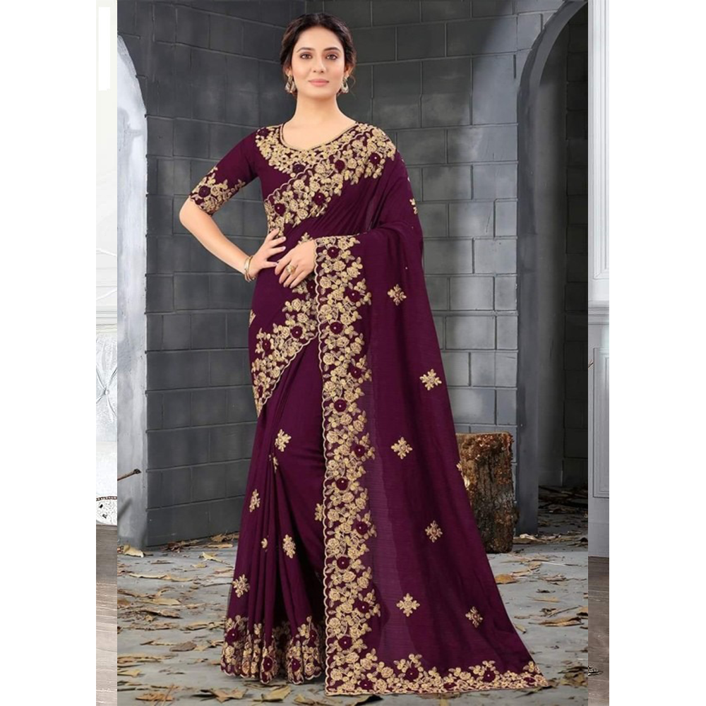 Indian Georgette Saree with Blouse Piece for Women - Maroon - HS-00022