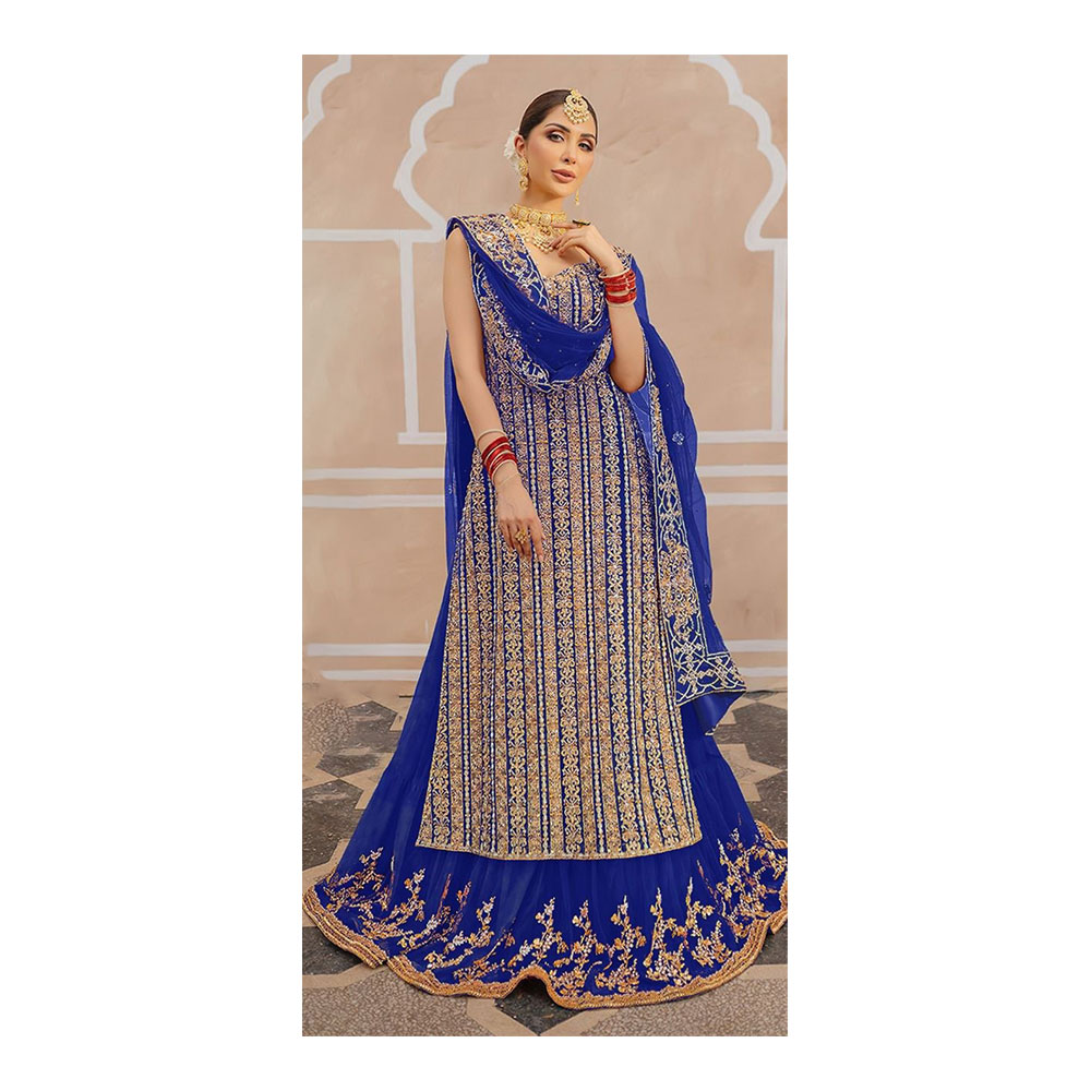 Georgette Semi Stitched Embroidered Party Dress for Women - Blue