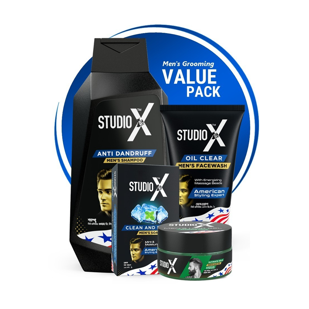 Studio X Men's Grooming Bundle Pack Large - Shampoo 355ml - Facewash 100ml - Soap 125g - Hair Gel 100ml
