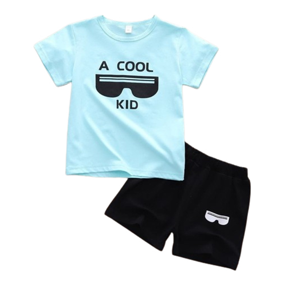 China Cotton T-Shirt and Half Pant Set For Kids - Light Cyan and Black - BM-44
