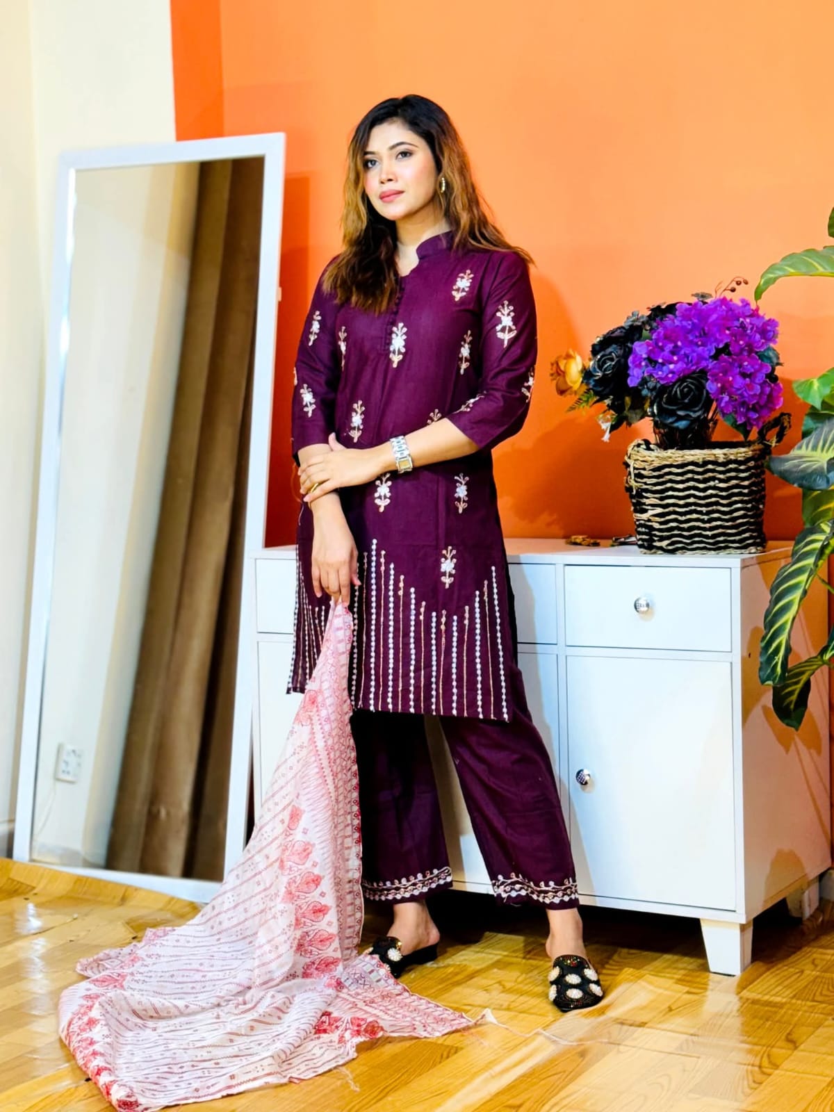 Ready Made Slab Cotton Salwar Kameez For Women - Maroon