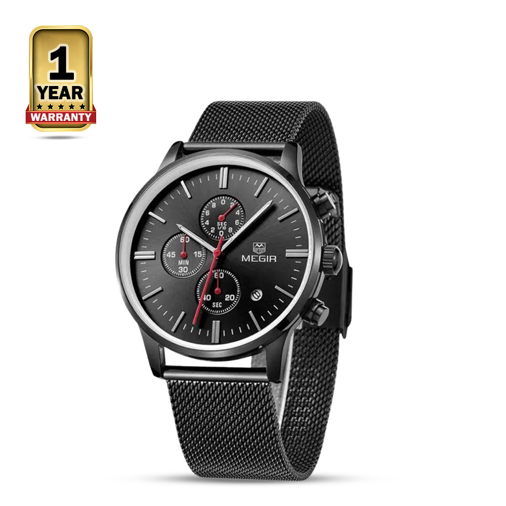 Megir MS2011G Stainless Steel Chronograph Quartz Watch For Men - Black