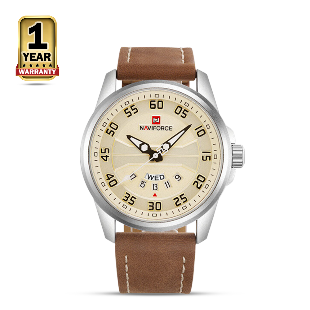 NAVIFORCE NF9124 PU Leather Analog Watch For Men Silver & Brown