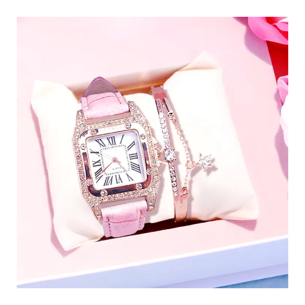 Diamond Starry Luxury Watch and Bracelet Set For Women - Pink