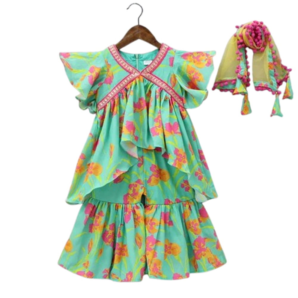 Linen 3D Digital Printed Baby Dress For Girls - Multicolor - BD-81