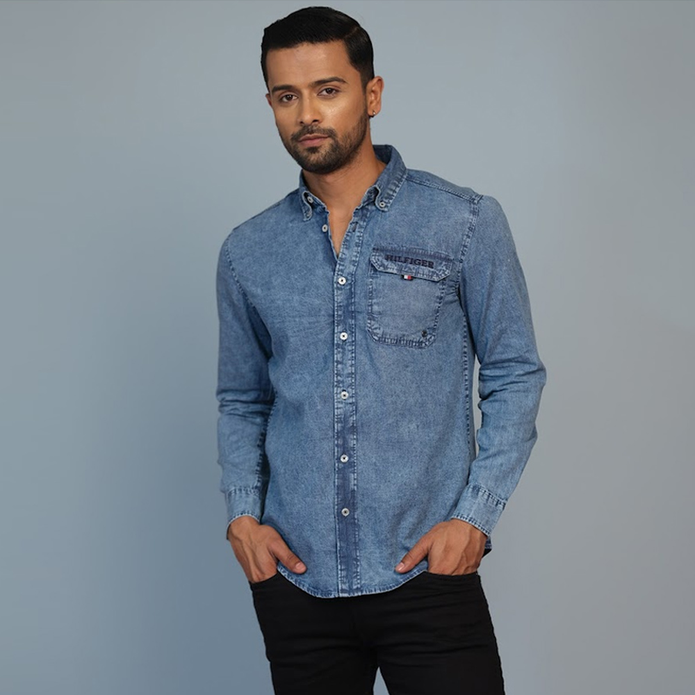 Denim Full Sleeve Casual Shirt for Men - Blue - European Size - 254105237
