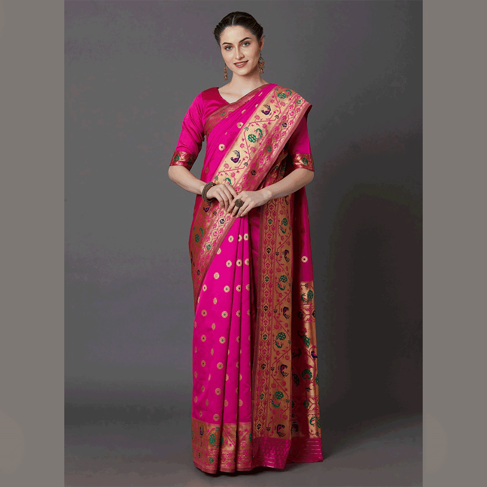 Silk Printed Saree With Blouse Piece For Women - Pink