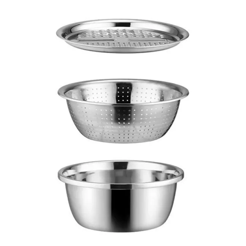 Stainless Steel Basin With Grater 3 in 1 Drain Basket Vegetable Cutter Washing Bowl Strainer Set - Silver