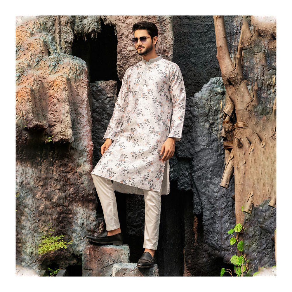 Cotton Digital Printed Panjabi for Men - Off White - AB-013