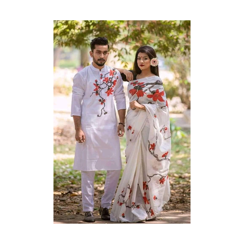 Hand Printed Half Silk Saree and Dhupian Cotton Panjabi For Couple Set - BAN086