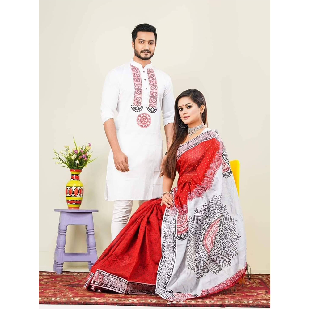 Dhupian Silk Saree and Dhupian Panjabi for Couple - Multicolor - HS-00111