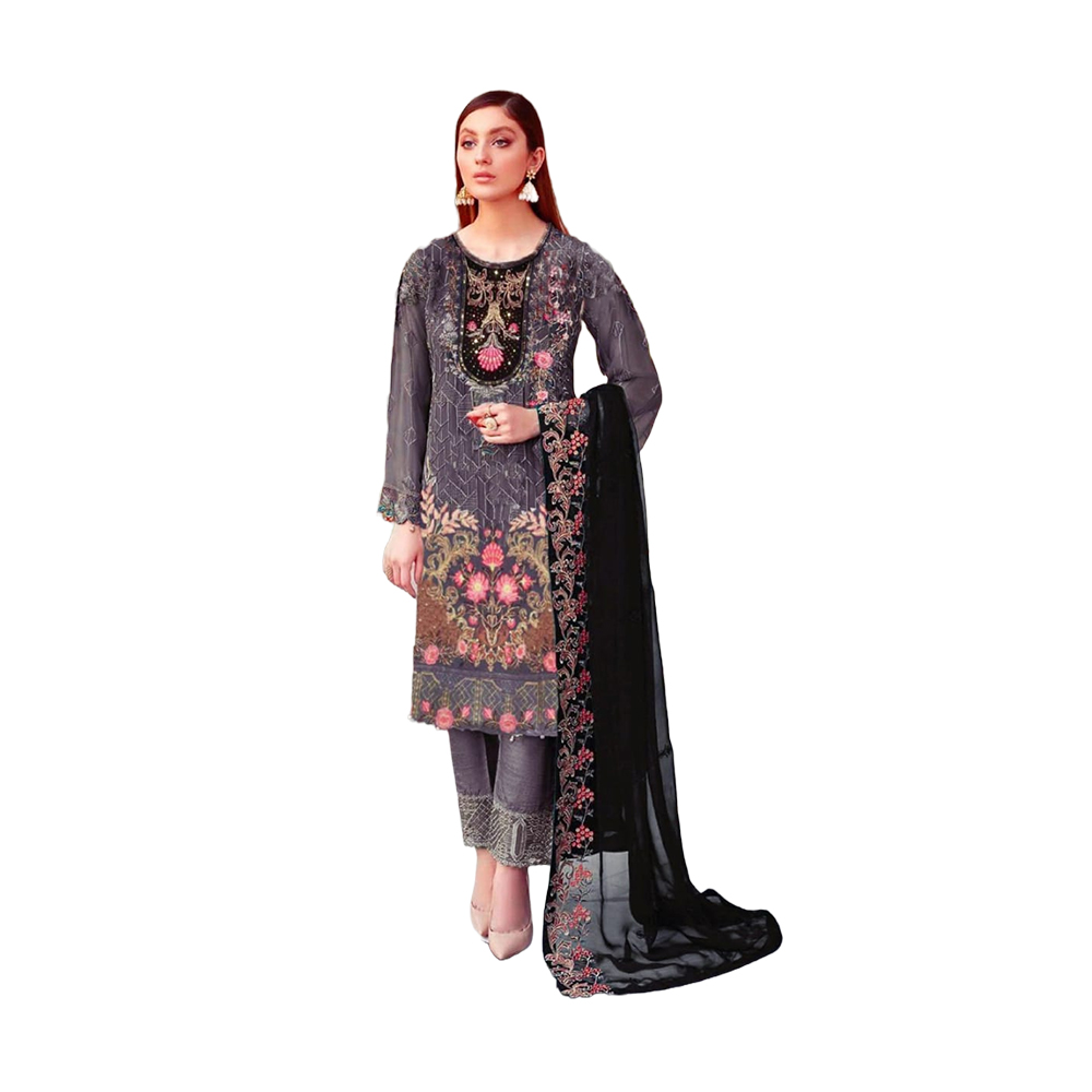 Three Pcs For Women Georgette and Butter Silk - Gray and Black