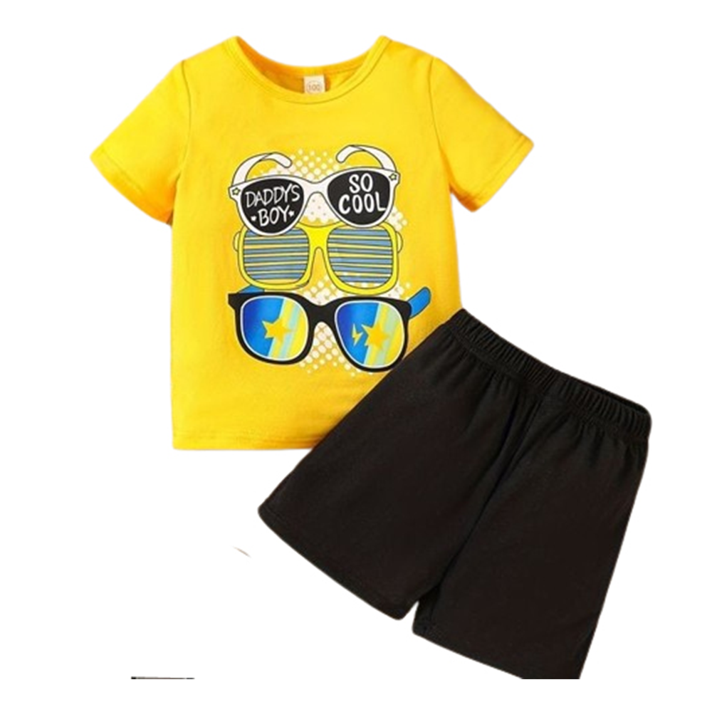 China Cotton T-Shirt and Half Pant Set For Kids - Yellow and Black - BM-38