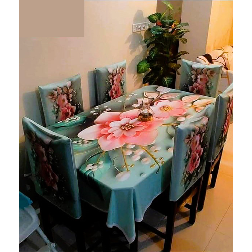 Korean Velvet 3D Print Dining Table Cloth and Chair Cover Set 7 In 1 - HS 00083