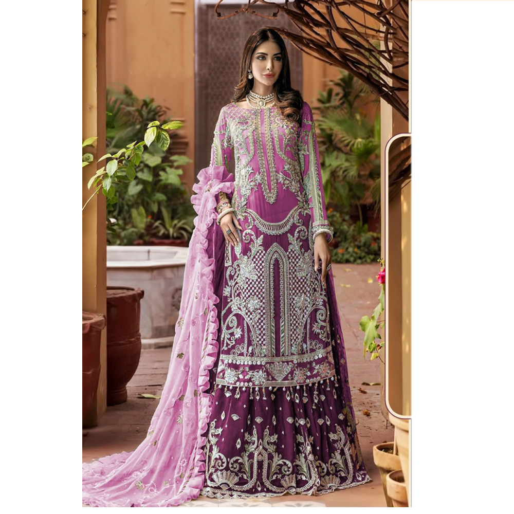 Unstitched Embroidery Net Party Wear Suit 4Pcs For Women -	Magenta - DN 2037 B