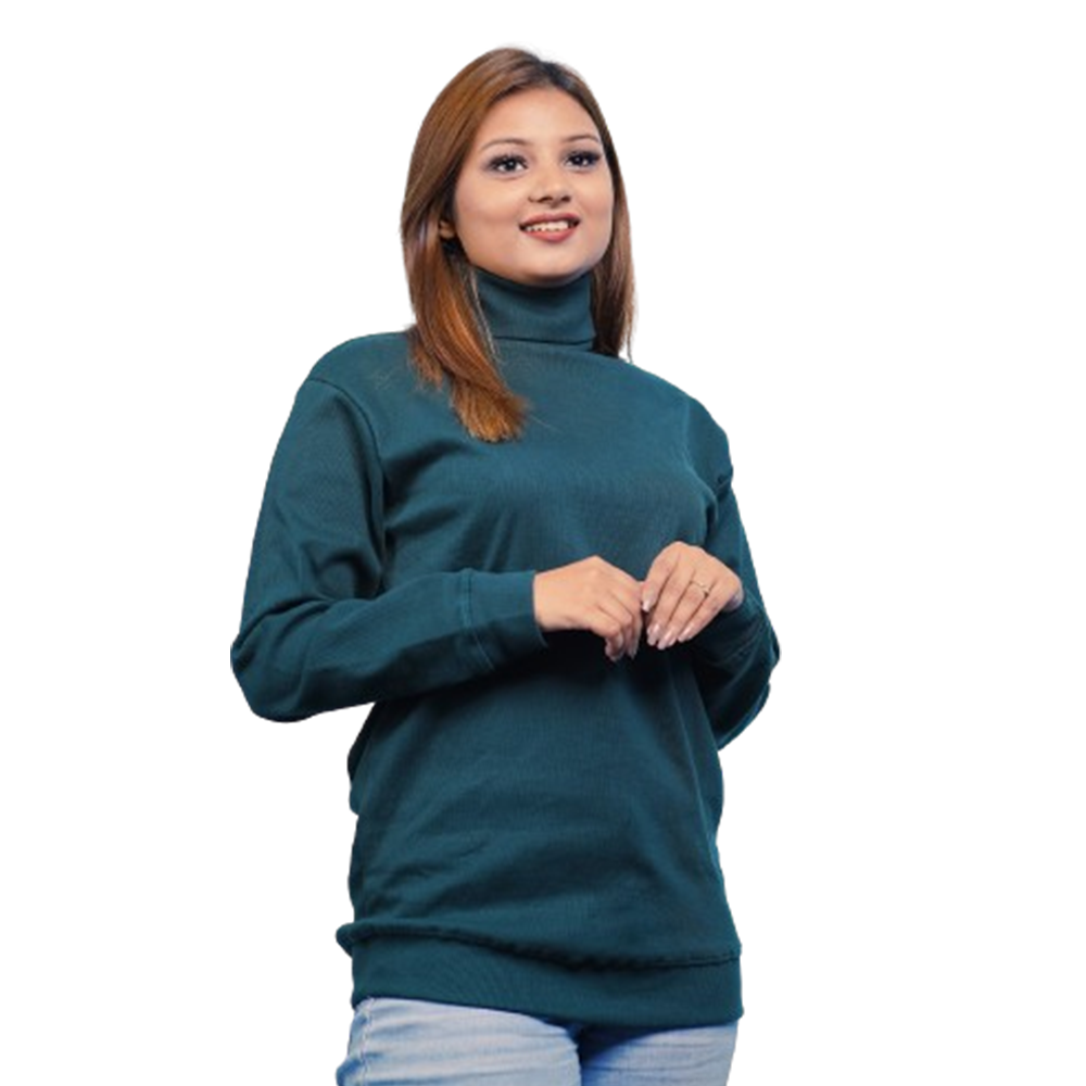 Cotton Turtle Neck Full Sleeve T-Shirt For Women - Green - TN005