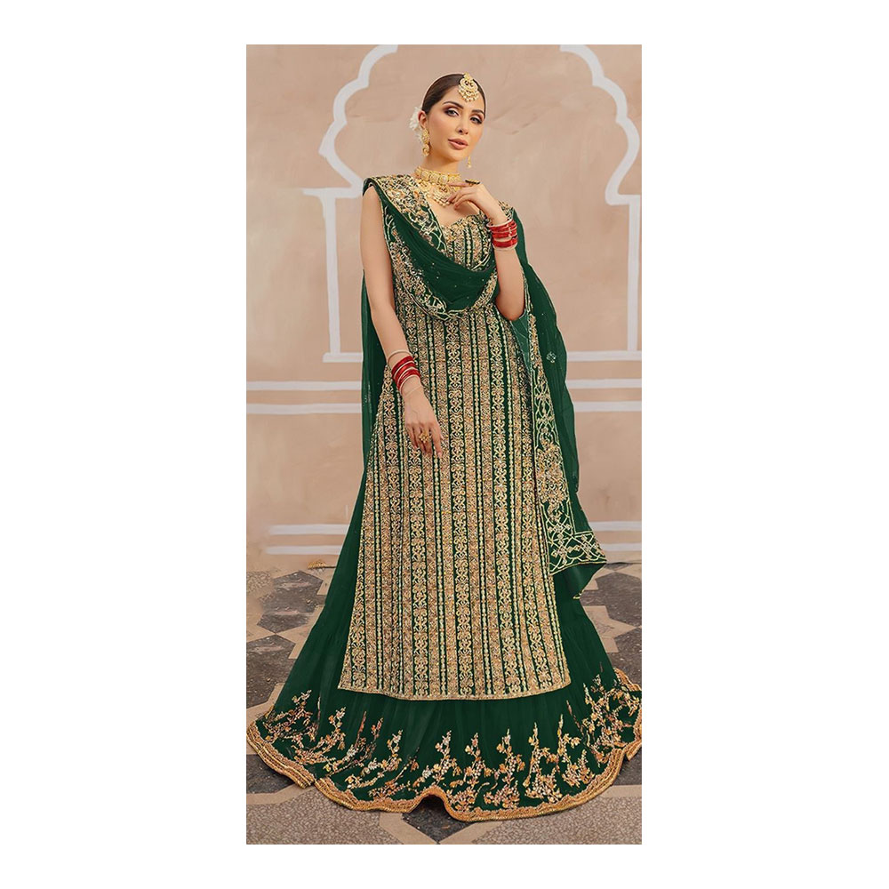 Georgette Semi Stitched Embroidered Party Dress for Women - Green