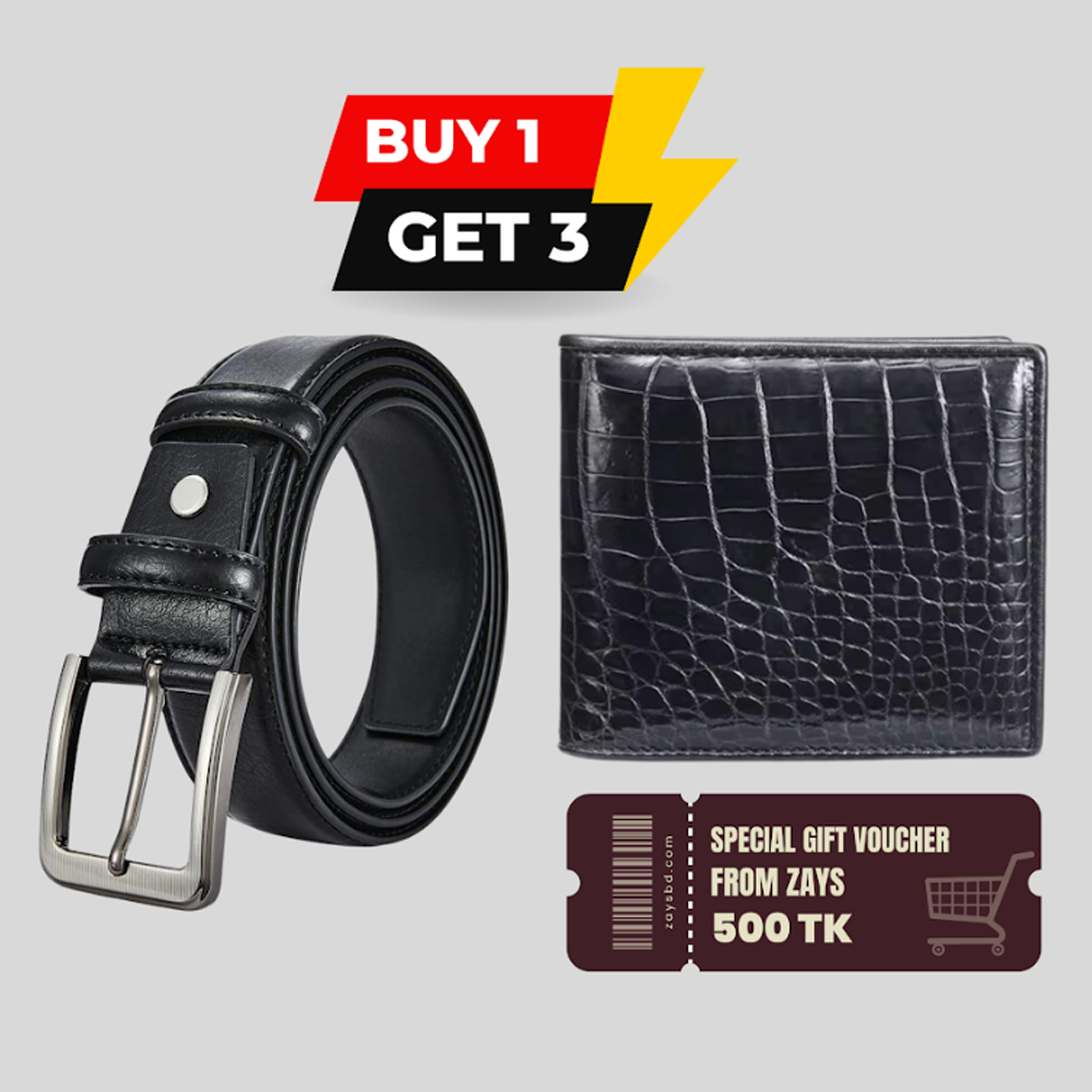 Special B1G3 Offer Buy a Premium Leather Belt and Get Free Wallet - 500 BDT Gift Voucher From Zays - Limited Time Deal - ZB1G3-107 - Black