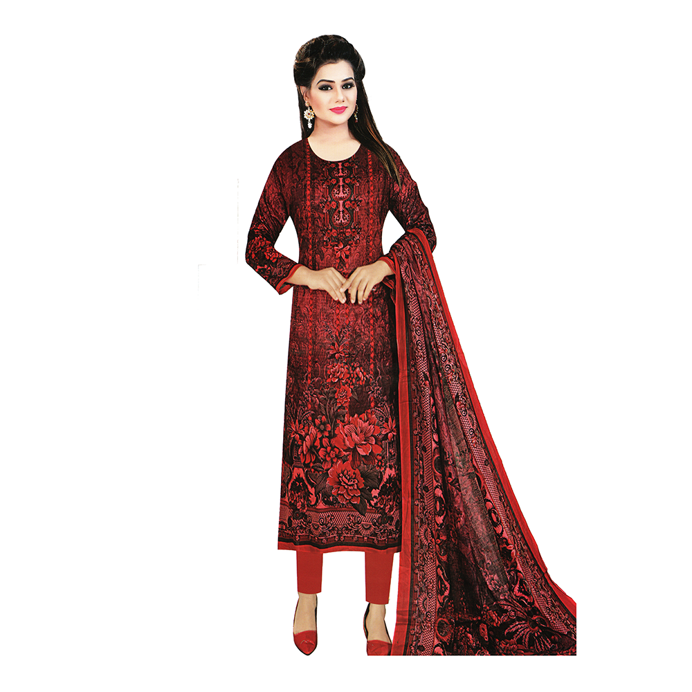 Unstitched Swiss Cotton Screen Printed Salwar Kameez For Women - Red - 8296.4