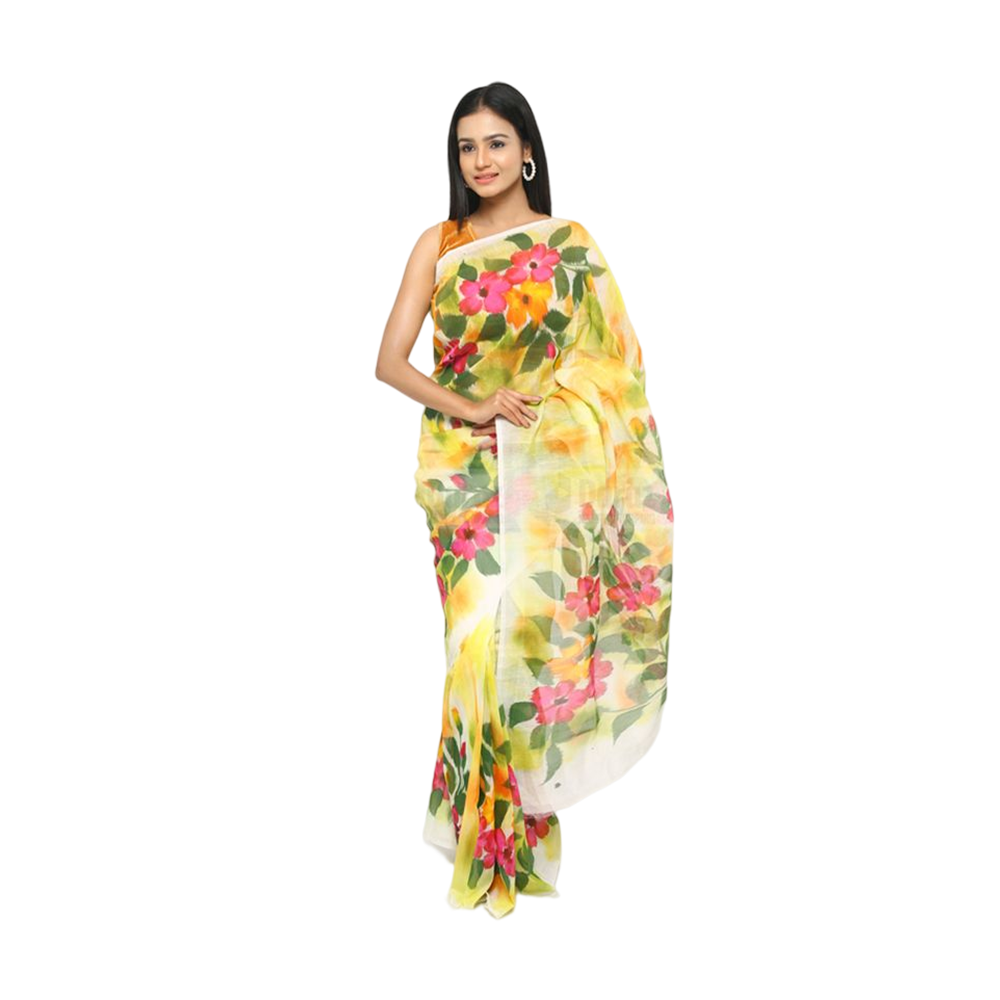Hand Printed Half Silk Saree For Women - Multicolor - BAN130